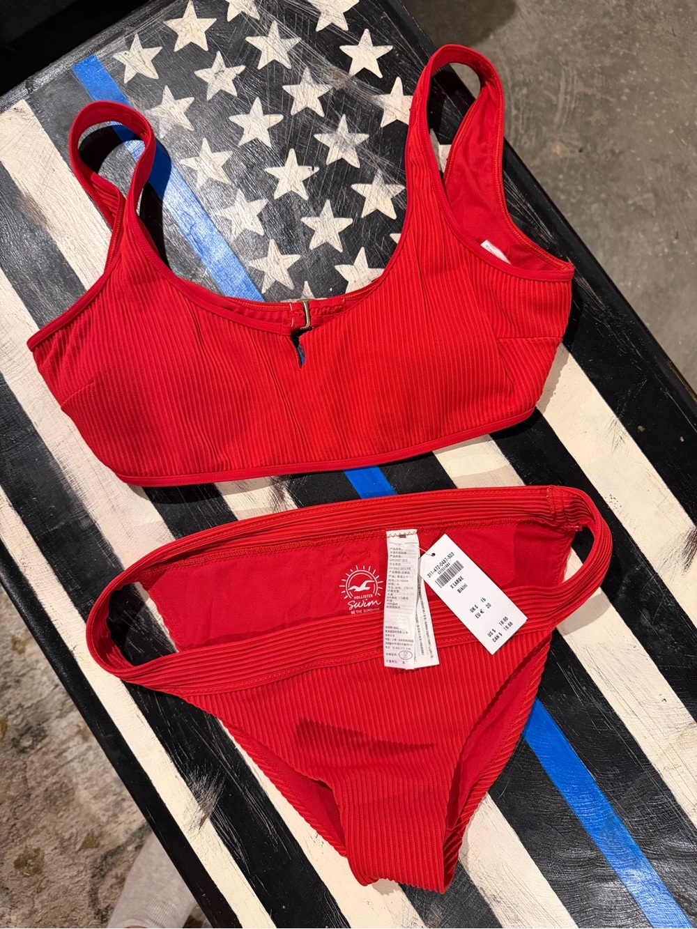 NWT Hollister Red Ribbed Swim Bikini Top